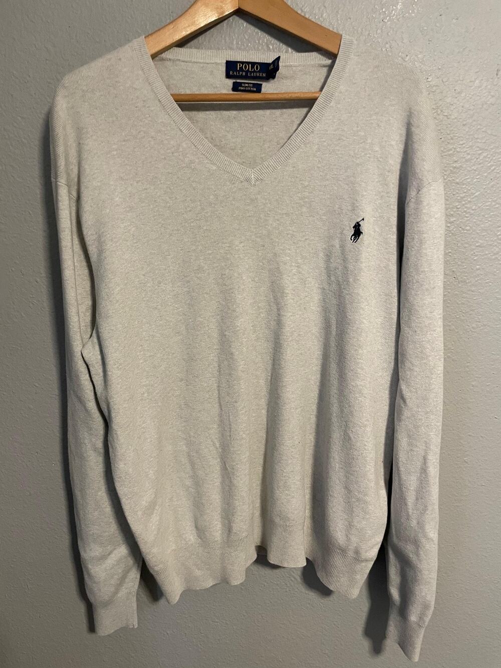 Polo Ralph Lauren Mens Sweater 2XL Gray Slim Fit Pima Cotton V Neck Preppy